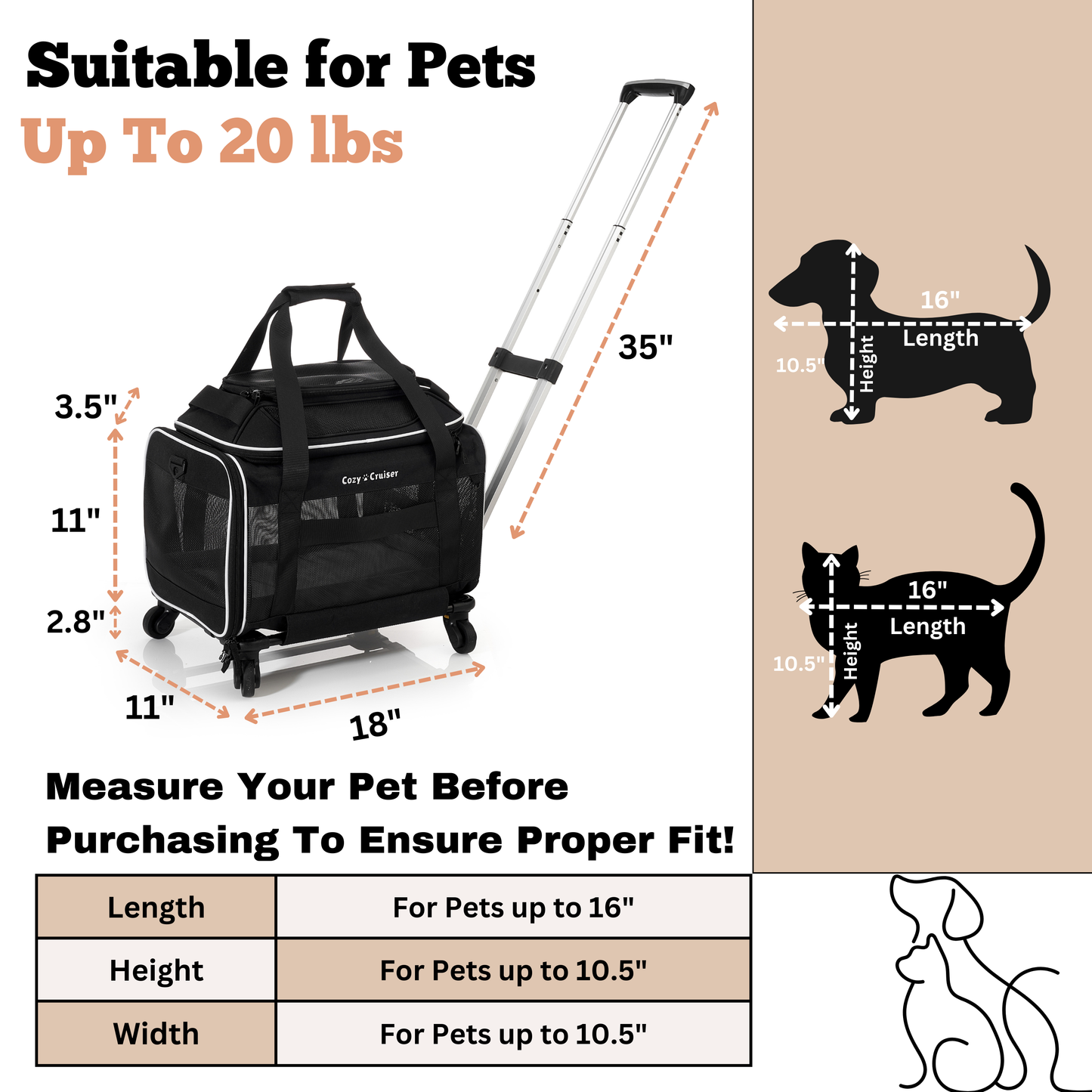 Cozy Cruiser Airline Approved Top-Expanding Pet Carrier on Wheels- Soft Lined Carrier! 18x11x11 (Original Mesh Sides)