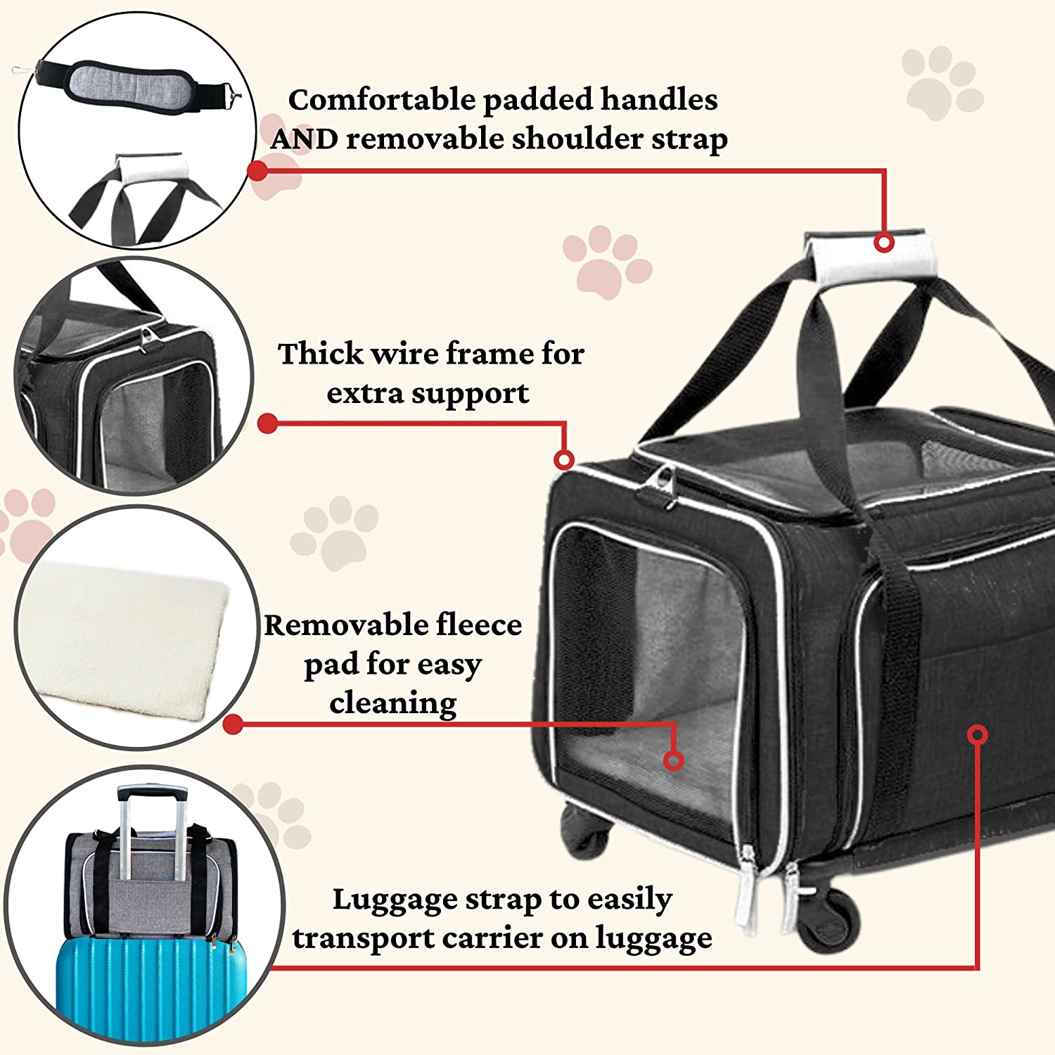 Wheeled pet carrier for large clearance dogs